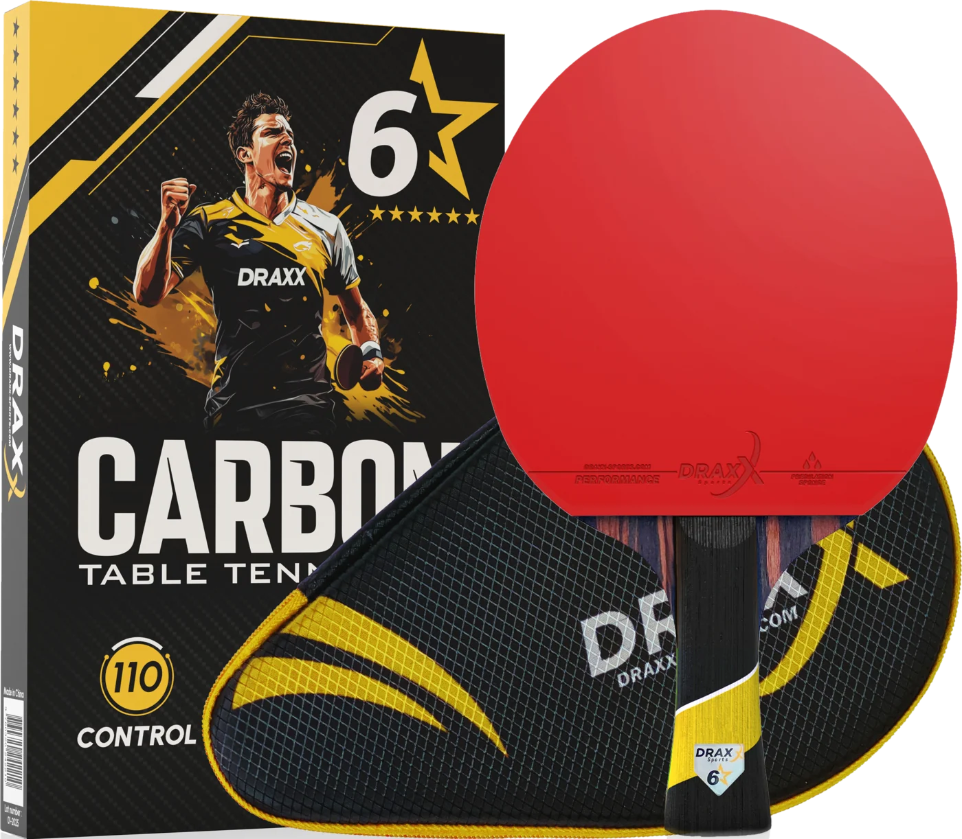 Coffret DRAXX Pro Carbon 6 Étoiles avec raquette et housse